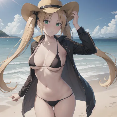 masterpiece, best quality, highres, blond hair, green eyes, twintails, cowboy shot, standing, beach, micro bikini, embarrassed, blush, sexy pose, medium breasts, long hair,black cowboy hat,