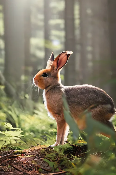 a cute bunny，Look at the map，Hike through the forest in the best quality，Masterpiece，（pastel colour：1.2）