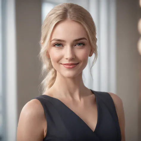 beautiful blonde woman, smiling, wearing formal attire in an office, ultra-realistic, highest image quality