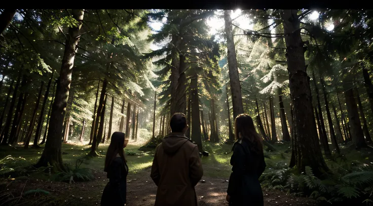 scenecy: uma floresta densa, com altura, dark trees.

Objetos: A group of people observing a scene from a distance.

Uplighting: natural  lightting, com tons verdes e marrons.

compositing: People are at the forefront, com a floresta ao fundo.

Estilo: rea...