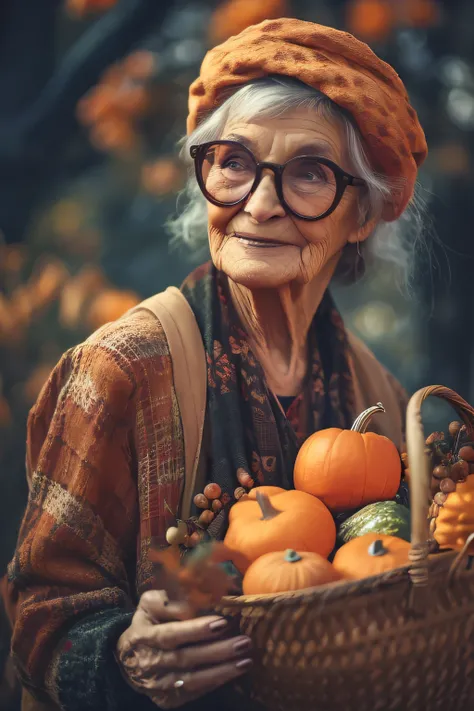 An old woman with glasses holding a basket of pumpkins, A Deusa da Colheita de Outono, mulher bonito, Velha, beautiful autumn spirit, retrato de alta qualidade, old woman, Deusa grega idosa, bruxa de meia-idade, foto de retrato, grandma, autumn season, col...