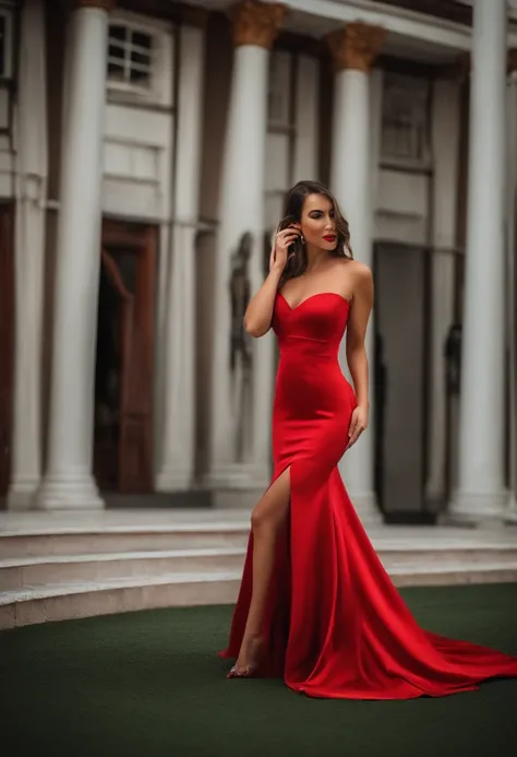 Mulher em um vestido vermelho tirando uma selfie em um espelho, vestido aberto, usando um vestido elegante, vestido vermelho, vestido sexy, usando vestido vermelho, usando um vestido vermelho, vestido elegante, mulher no vestido, vestido vermelho sexy, ves...