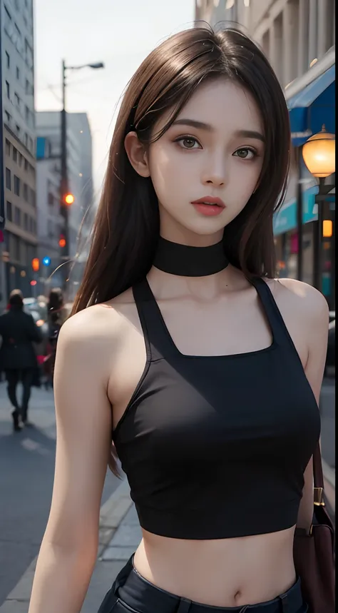 hijabi, choker, javanese, ((Realistic lighting, Best quality, 8K, Masterpiece: 1.3)), Clear focus: 1.2, 1girl, Perfect Figure: 1.4, Slim Abs: 1.1, ((Dark brown hair)), (crop top: 1.4), (Outdoor, Night: 1.1), City streets, Super fine face, Fine eyes, Double...