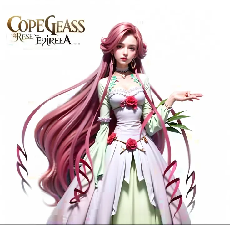 personagem feminina de origem europeia, com cabelos longos rosas, vestido rosa e branco com mangas longas