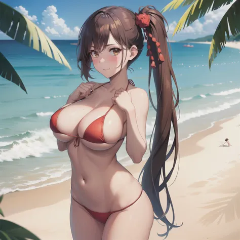 masterpiece, best quality, highres, brown hair, brown eyes, side ponytail, cowboy shot, standing, beach, micro bikini, embarrass...