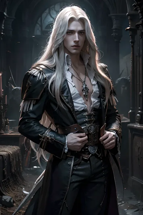 la mejor calidad, obra maestra, (realista:1.2), un hombre con cabello blanco y una espada, alucard, hermoso dios masculino de la...