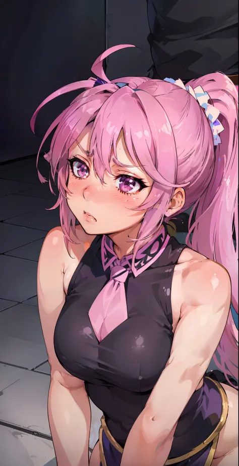 Jibril, (standing), blushed, perfect anatomy, detailed eyes, detailed lips, extremely detailed eyes and face, vivid colors, sharp focus, masterpiece:1.2, ultra-detailed, blushed, ((doggystyle)), (solo), ((tie)), sleeveless, ((((ponytail)))), (((disdain, di...