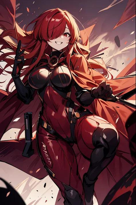 woman, red hair, long hair, anime, breasts, red eyes, comics, solo, hair over one eye, cape, red cape, bodysuit, bangs, large br...