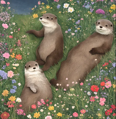 Male otter in fisherman sweater, female cat in floral dress, field of flowers, Beatrix potter, holding hands, fairy tale