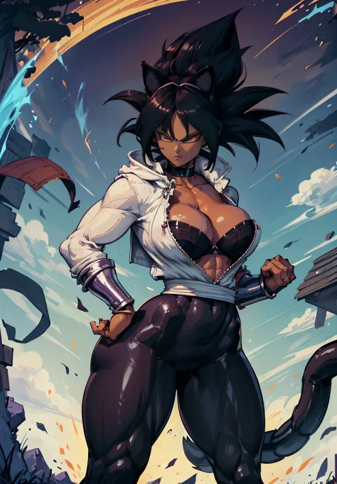 (masterpiece, best quality), standing straight, ((Super Saiyan Form)), powered up, highly detailed, intricate, professional art, digital art, 20k, sexy blake belladonna (dark-skin:1.85), portrait, (dragonball complex background:1.35), city, big ass, black ...