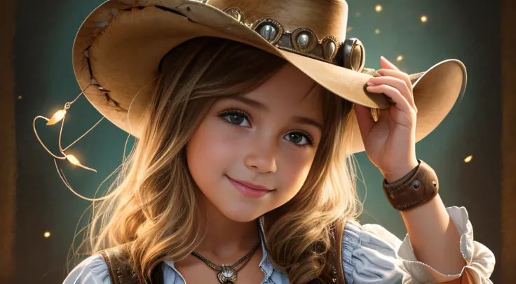 Arafed girl in a cowboy hat holding a flashlight, segurando uma lanterna, cowgirl, menina sob lanterna, cowgirl ocidental, vestido como um xerife ocidental, cow-girl, jovem menina em roupas steampunk, female cowgirl, menina, por Linda Sutton, barnet, Uplig...