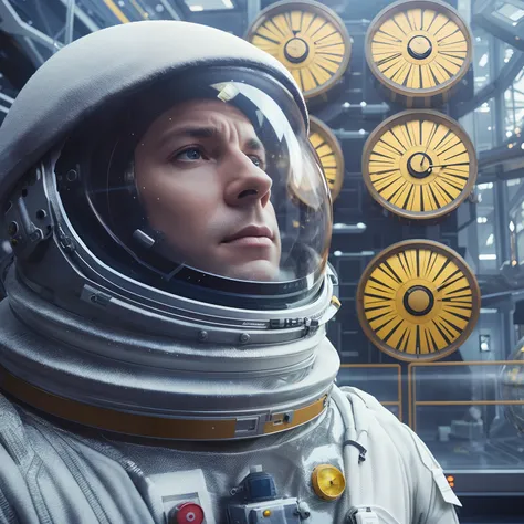 arafed astronaut in a space suit looking at a large clock, 8 k movie still, dramatic sci-fi movie still, 4k movie still, 4 k movie still, still from a ridley scott movie, interstellar space suit, interstellar hyper realism, highly detailed vfx portrait of,...