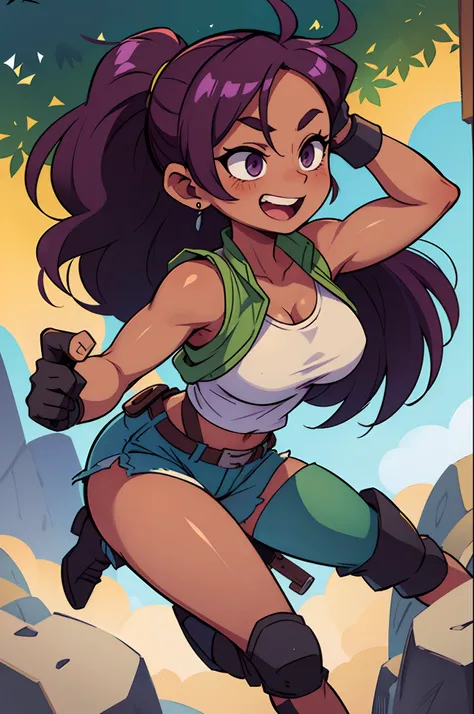 (Lara Croft :1.2), (Yoruichi Shihouin :0.85), cleavage, 25yo woman, hazel eyes, long purple hair in a ponytail, adventures outfit, big breasts, waist, green tank-top and tan jean shorts, white sox, black gloves, hiking boots, thigh gun holsters, purple hai...