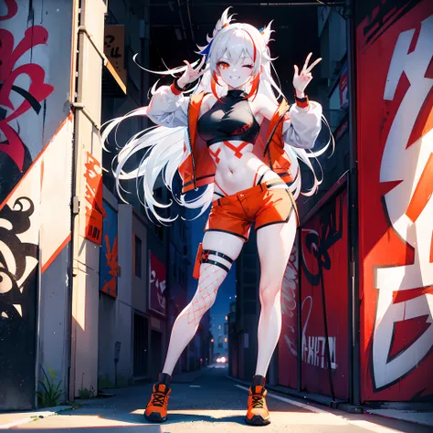 1 girl, solo, snow white hair with red tips, orange eyes, long hair, intricate glowing blue hairpin, fishnet street crop_top, short trousers grinning, smiling, winking, one_eye_closed, standing, posing, graffiti wall in background