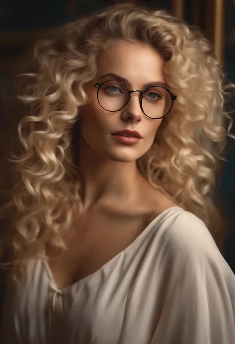 blonde woman, curly hair, round glasses, characteristics of an INTP.  Loves art, philosophy, history, literature, France, Argentina, martial arts, Full HD, 8K