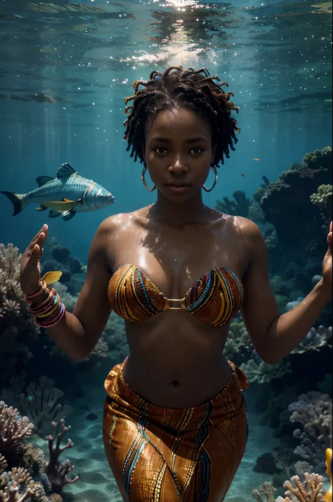 African woman dressed in african designed clothes, swimming under water in the ocean, taking a selfie, with various fish and sea animals swimming around her,  beauriful coral reefs glowing in the water, soft light shining through the water, with beautiful ...