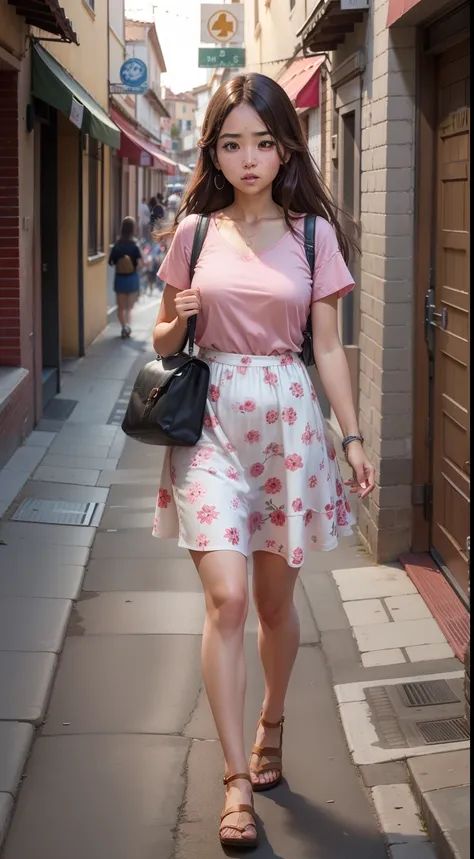 Caminando, full body, 1 Girl in Pink Floral Skirt Shirt, edad "28 years old" bolsa, calle, vestido rosa, Cabello largo, Multiple Boys, Sin tirantes, Correas, zapatillas, Morena, al aire libre, muchedumbre, Vestido sin tirantes, Ciudad, pants, bolso, Camino...