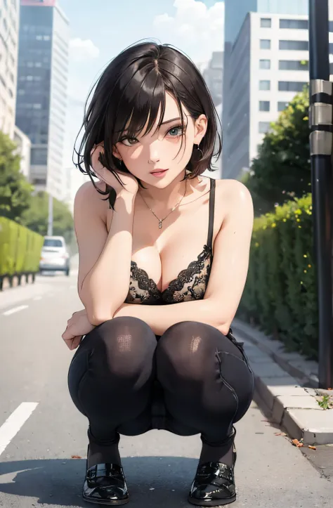 girl in summer clothes, jeans, squatting on the ground, black pantyhose, making as if she wants to kiss you, view from the viewer, short hair, medium breasts, cleavage, cityscape, flirtatious look, ((very detailed)), (perfectly detailed face), (well detail...