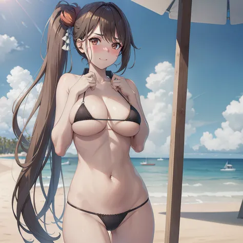 masterpiece, best quality, highres, brown hair, brown eyes, side ponytail, cowboy shot, standing, beach, micro bikini, embarrassed, blush, sexy pose, big breasts, hair ornament, very long hair,