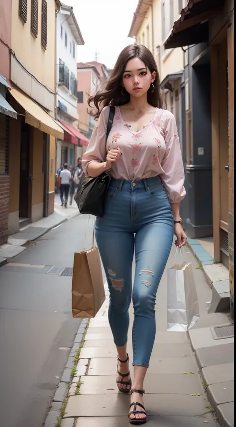 caminando, cuerpo completo, 1 Chica con camisa de falda floral rosa, EDAD "28 years old" bolsa, calle, vestido rosa, Cabello largo, Multiple Boys, Sin tirantes, correas, zapatillas, morena, Al aire libre, muchedumbre, Vestido sin tirantes, ciudad, pants, b...