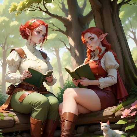 Cute plump elf woman with pale skin and freckles. Red hair and thick eyebrows. She is sitting and reading a book under a tree. There is a white cat with her. Woman is wearing brown leather boots. Howls moving castle. Fantasy. Artistic. Faries, flowers