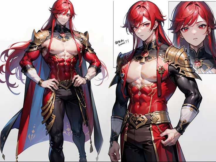 ((Masterpiece, Highest quality)), Male, boy, Detailed face, character design sheet， full bodyesbian, Full of details, frontal body view, back body view, Highly detailed, Depth, Many parts, Muscle boy with long red hair with long bangs，handsome man, muscle ...