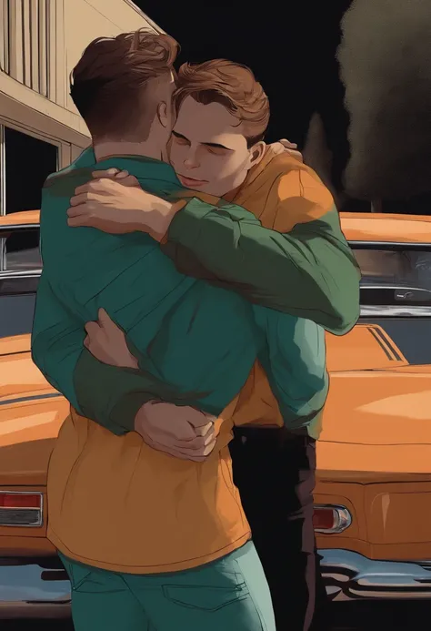 Give me two young men hugging each other in a parking lot