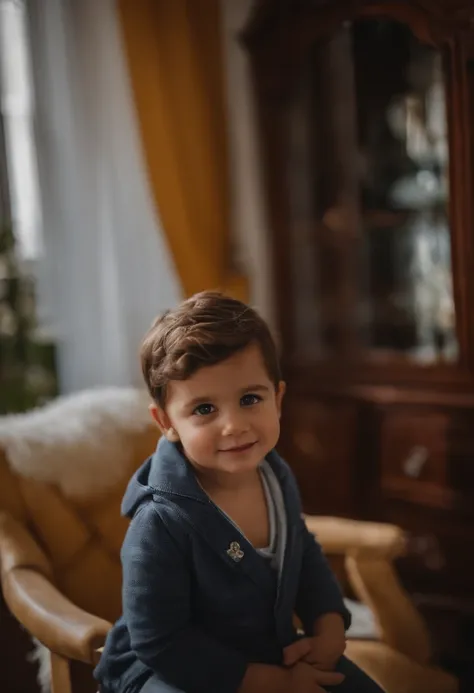 menino: Miguel, aproximadamente 5 anos de idade, cabelo curto estilo Disney, olhos castanhos e sorrisos. garota: Giovana, 2 anos, longos cabelos pretos e olhos azuis. scenecy: Miguel and Giovana are in a cozy little house in the valley, ao fundo um dia ens...