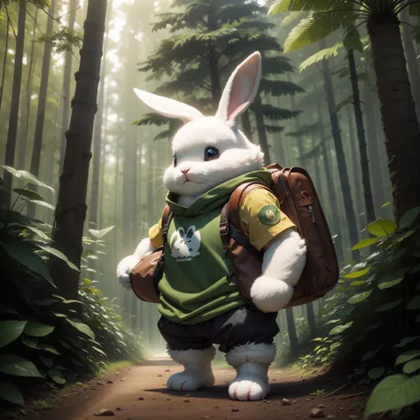 forest backgrou,a cute bunny,furry bunny,Strong body,Bring your travel bag,Take a shovel,Walk through the jungle，tmasterpiece,Highest image quality,extremly high detail