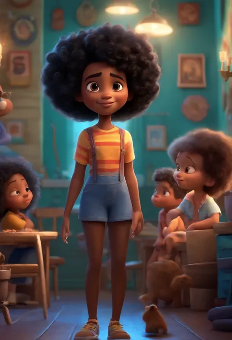 A Disney Pixar inspired movie SOUL  (YOUNG BLACK GIRL WITH BLACK CURLY HAIR) inside The scene be in the distinct art of PIXAR style