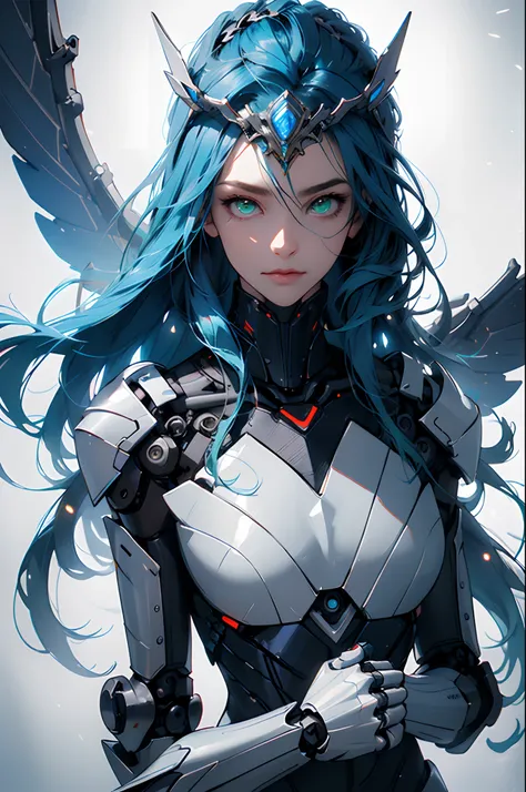 Top quality, Masterpiece, finedetail, super precision, very elaborate 8K wallpaper, Robot girl, (Long blue hair), (White mechanical armor), (Green eyes), (Machine-sharp headdress), (Mechanical wings on the shoulders), The glowing core in the middle of my c...