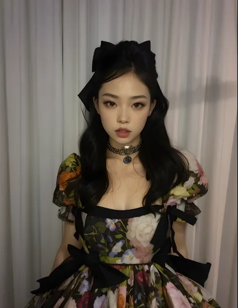 Arafed woman in a floral dress with a black lace, jennie blackpink, Retrato de Jossi de Blackpink, cruel korean goth girl, jossi do blackpink, linda Delphine, Ela parece uma mistura de Grimes, Fairycore, Parque Roseanne do Blackpink, Jinyoung Canela, rococ...