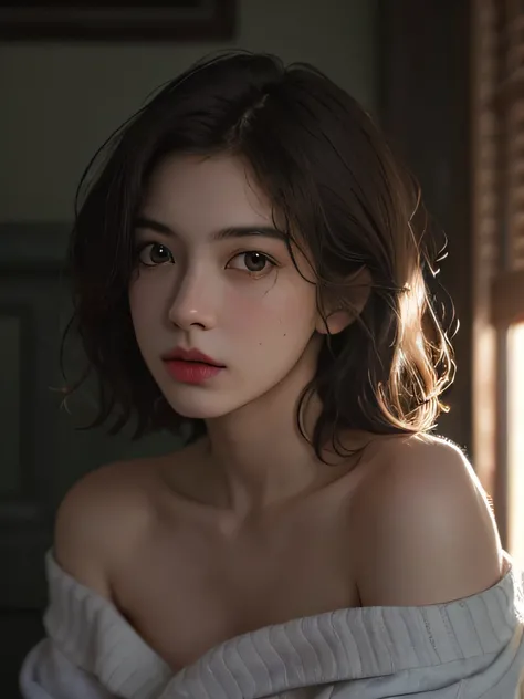 Best quality, masterpiece, ultra high res, (photorealistic:1.5), raw photo, 1girl, offshoulder, in the dark, deep shadow, low key, cold light, sexy look, short hair