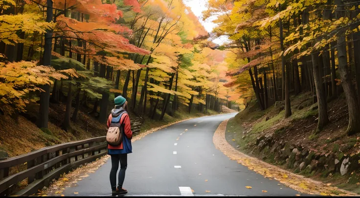 Mountain Girl、autumnal、Colored leaves、deers、Green windbreaker、knit hat、animesque