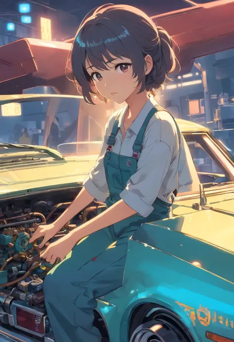 A masterpiece Mechanical girl repairing a car, Corpo Perfeito, perfect head, Wearing mechanical overalls,  disco Rigido