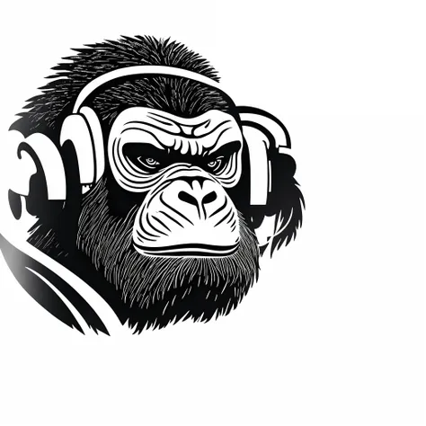 A minimalist and elegant logo for a music label, a angry gorilla wearing headphones, hip hop, black and white, white background