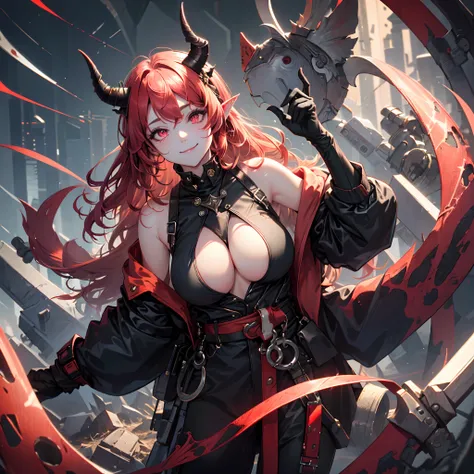 1girl in, Horns, Solo, pointy ear, Long hair, underboob,  Bare shoulders, Looking at Viewer, Upper body, Demon Girl, shairband, Smile, Closed mouth, Demon Horns, Pink eyes, Curled horns, Hand up, Red Eyes，Huge breasts,(Shiny skin),elder sister,succubus,