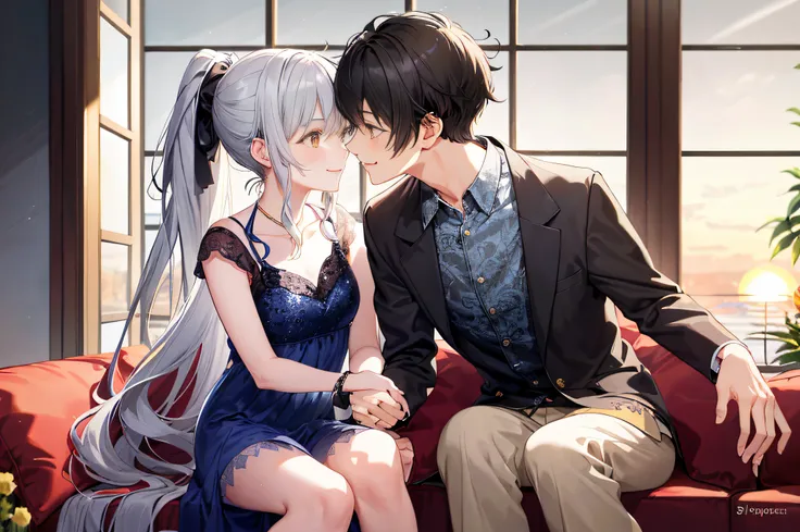 1 brown-eyed male boy with short black hair in full spring suit and 1 long curly wavy silver hair and messy ponytail high yellow eyes writhing girl in full spring dress Juliet long slevess smiling, (Boy with girl smiling), (Boy with girl smiling and lovili...