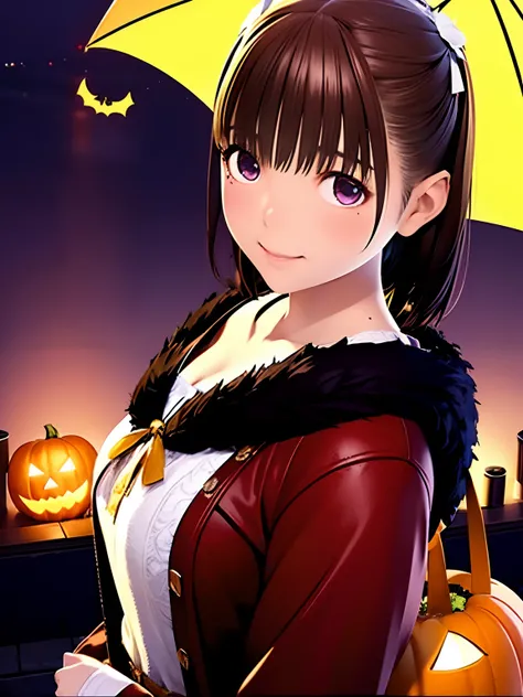 hight resolution,8K,Best Quality,detaileds,semi - realistic anime,Anime 3D Style,Smooth Anime CG,1 girl in,20 year old woman in Japan,slim,modeled,shiny chestnut hair,Medium Hair,Detailed face,Beautiful and detailed eyes,Glowing skin,(Halloween,Witch Cospl...