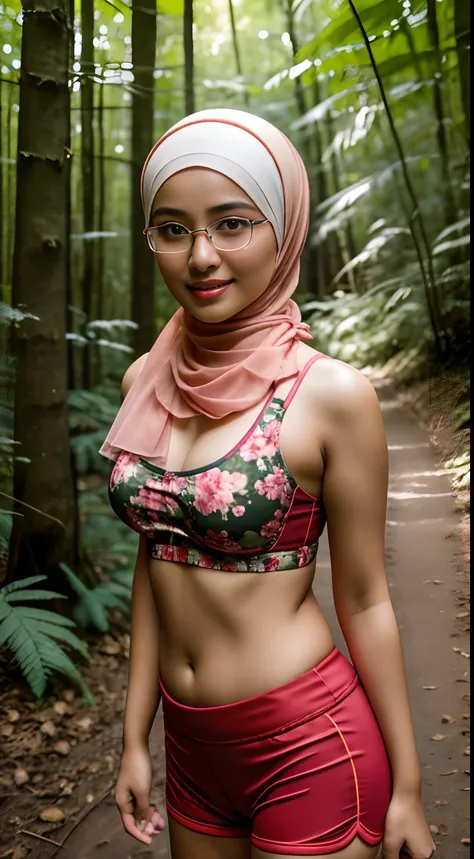 (iu:0.8),cleavage, RAW, Best quality, high resolution, Masterpiece: 1.3, Beautiful glasses (((hijabi))) javanese girl wearing floral sports_bra and thighshort on a forest trail, Masterpiece, Soft smile