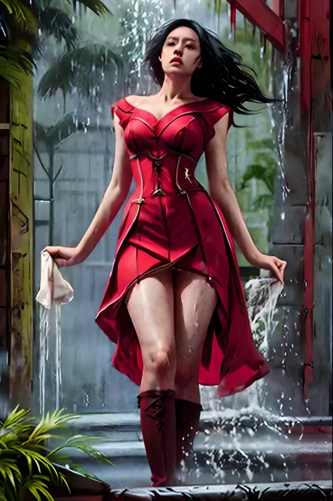 black color hair，woman，Slightly erect breasts，Slim waist，Wear red stockings，wet from rain