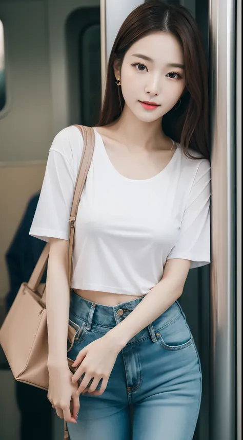 Realistic photos of (1 cute Korean star)  thin makeup, slightly smile, 32 inch breasts size, wearing t-shirt, pants, standing in the train, close-up, UHD