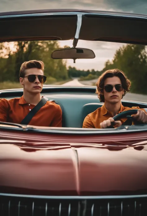 Front view of two young men in a moving car, one is driving and the other is sitting in the passenger seat. Scenery in background. White car preferrably.