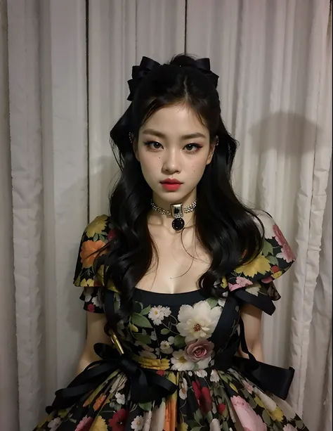 Arafed woman in a floral dress with a black lace, jennie blackpink, Retrato de Jossi de Blackpink, cruel korean goth girl, jossi do blackpink, linda Delphine, Ela parece uma mistura de Grimes, Fairycore, Parque Roseanne do Blackpink, Jinyoung Canela, rococ...