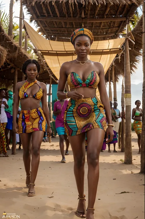 African woman dressed in african designed clothes, walking on an African island full of African designed sculptures, taking a selfie, African island full of African people having fun with drinks and eats, sunrise in the background shining, with beautiful i...