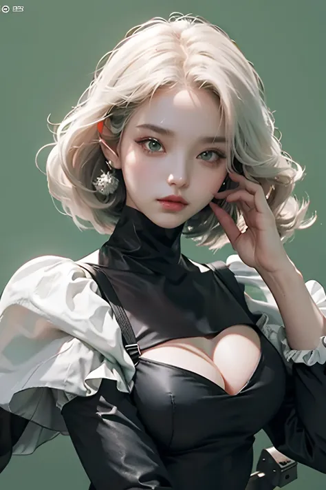 yorha no. 2 type b, 1girl in, Black cloth covers the eyes, Breasts, cleavage, cleavage cutout, Clothing cutting, Green background, hair between eye, shairband, A high resolution, Juliet sleeves, Long sleeves, Puffy sleeves, Red lips, shaded face, Short hai...