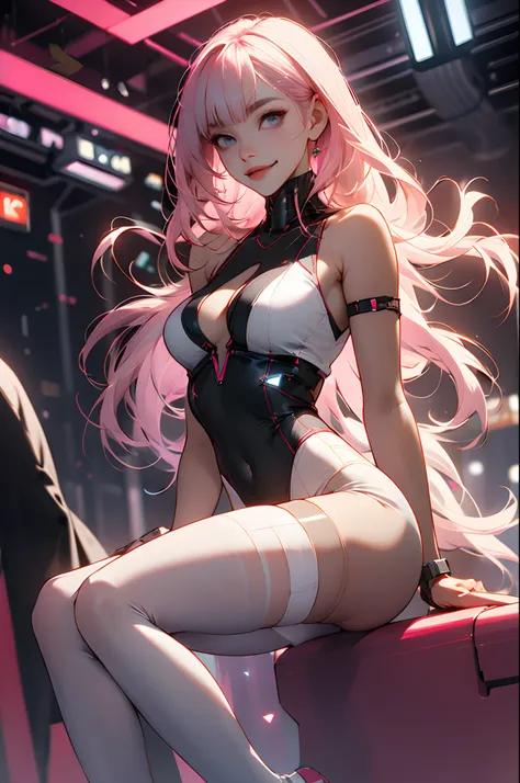 Zerotwo（Dear in Franks），tmasterpiece，one-girl，pastelcolor, cyber punk perssonage, Pink Long Hair，deep v big breasts，chest，White latex tights，Bare arms，show legs，Open navel，Slimming the waist, Happy smile, whole-length, legsupms, full bodyesbian：1.3