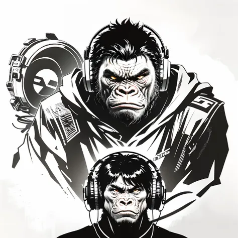 A minimalist and elegant logo for a music label, centered, a angry gorilla wearing headphones, hip hop, black and white, white background