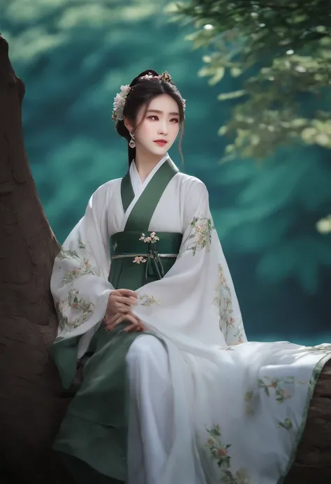 Hanfu, (Ru_Qun), arbre, mare, cheveux blancs, Yeux verts, Nahida_Genshin, enfant, Masterpiece, Best quality