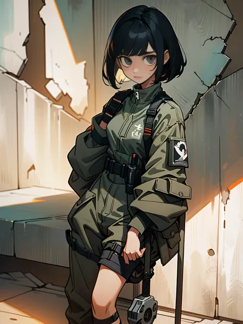 Black Hair Short Bob２０A teenager wearing a gray camouflage outfit hides herself against a wall in a dimly lit ruin and sits with a cane on her cheek、At war